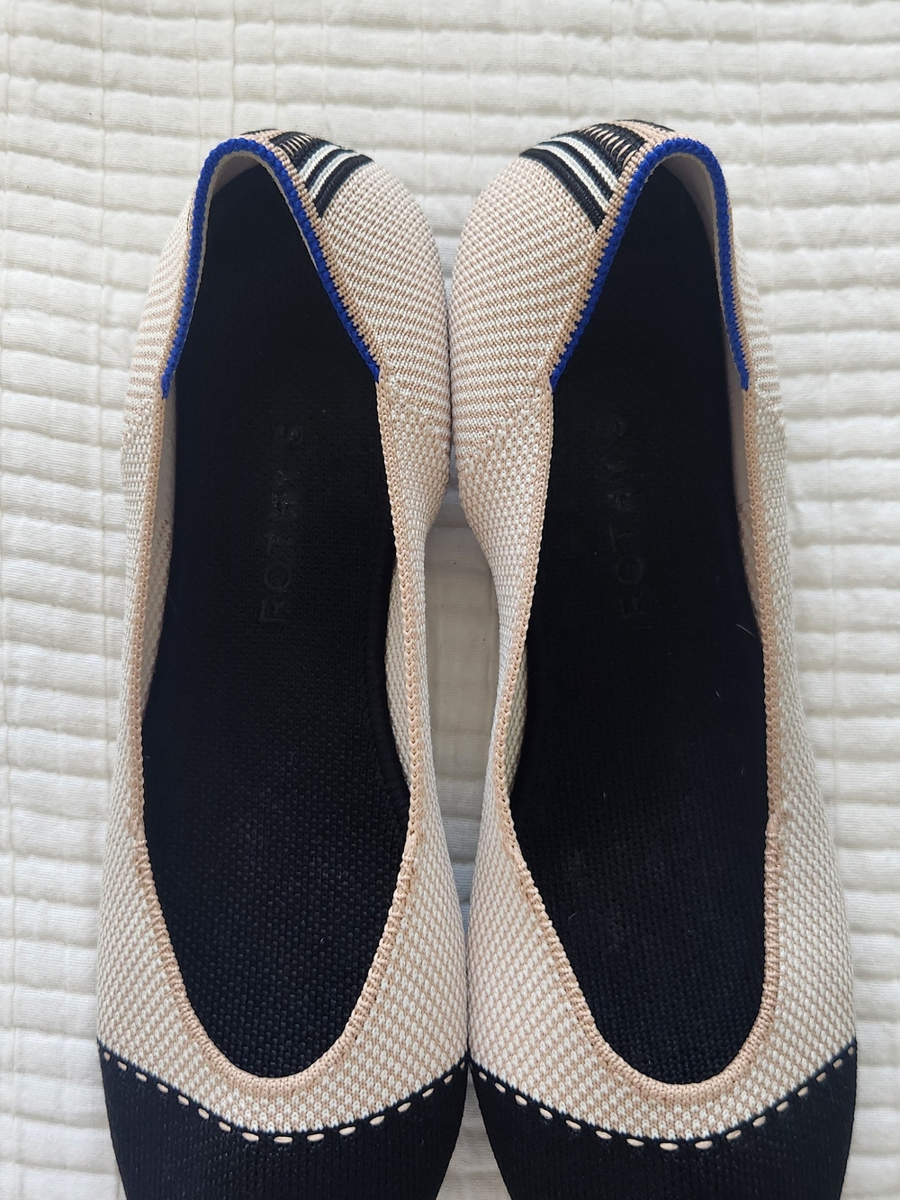 Rothy's Beige Knit Flats with Black Toe and Blue Trim - Picture 2 of 3